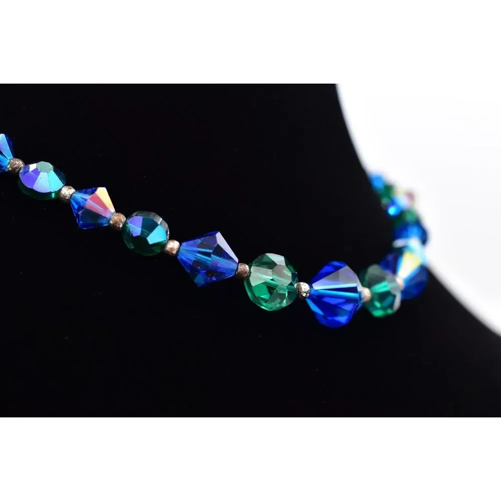 Vintage Blue Green Crystal Choker Necklace Sparkling Beaded Chunky 1960s BinBM